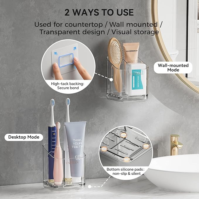 Toothbrush Holders for Bathrooms, 3 Slots Detachable Electric Toothbrush Holder Wall Mounted with Divider, Removable Tooth Brush and Toothpaste Holder Organizer for Bathroom/Kitchen/Office