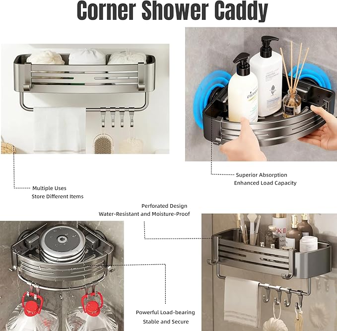 3Pcs Corner Shower Shelf Caddy Suction Cup, No Drill Hole with Towel Bar and Hook, Gray Bathroom Storage Rack, Zero Drill Square Shelves, Store Toiletries and Bath Towel for Bathroom Kitchen RV
