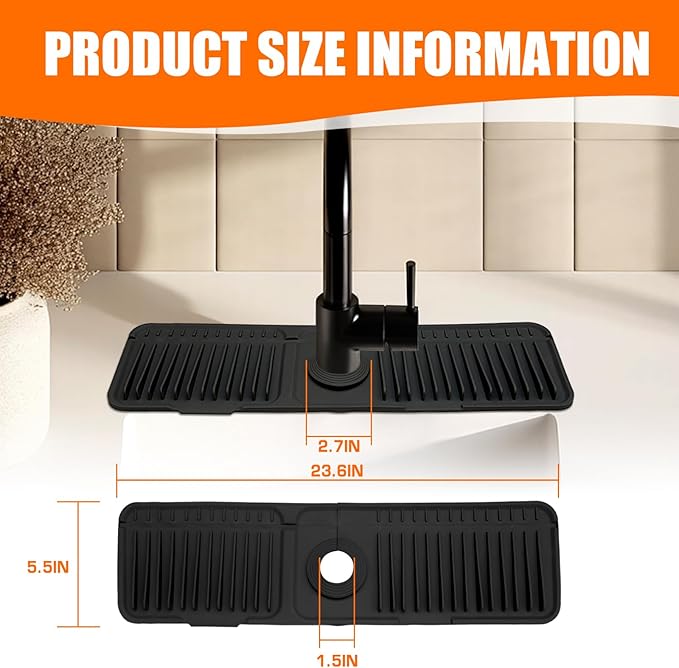 24" Black Longer Silicone Faucet Mat – Quick-Dry Button Style Drip Catcher 6° Slope Splash Guard | Easy-to-Use Behind Faucet Drain Mat for Kitchen & Bathroom Countertops