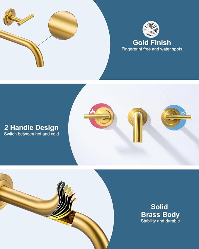 WOWOW Wall Mount Bathroom Faucet Gold Wall Faucet High Flow Two Handles Stainless Steels,Long Spout Reach,Widespread Bathroom Sink with Rough-in Valve 3 Holes Elegant Classic Spout