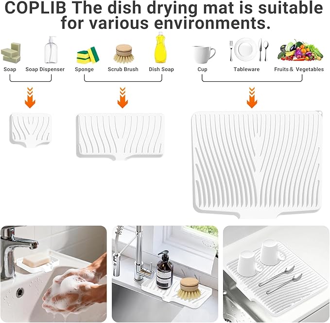 Silicone Dish Drying Mat for Kitchen Counter, Dish Drying Pad, Non-Slip Drain Pad with Built-in Drain, Heat Resistant Stone Drying Mat, Ivory-1Set