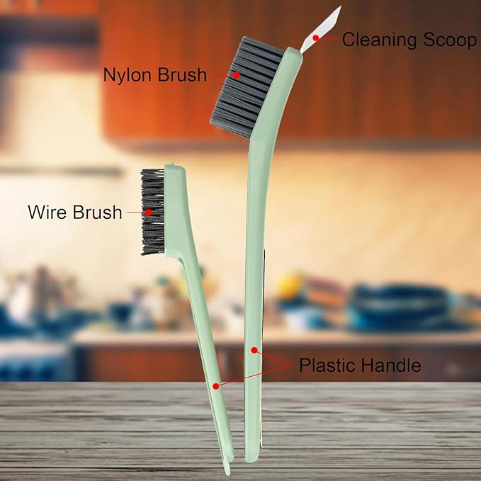 Multifunctional Cleaning Brush with Nylon & Wire Brush and Cleaning Spatula, Long Handle Brushes for Bathroom, Kitchen, Grout, and Tile Deep Cleaning, 2 Pack (Green+Yellow)
