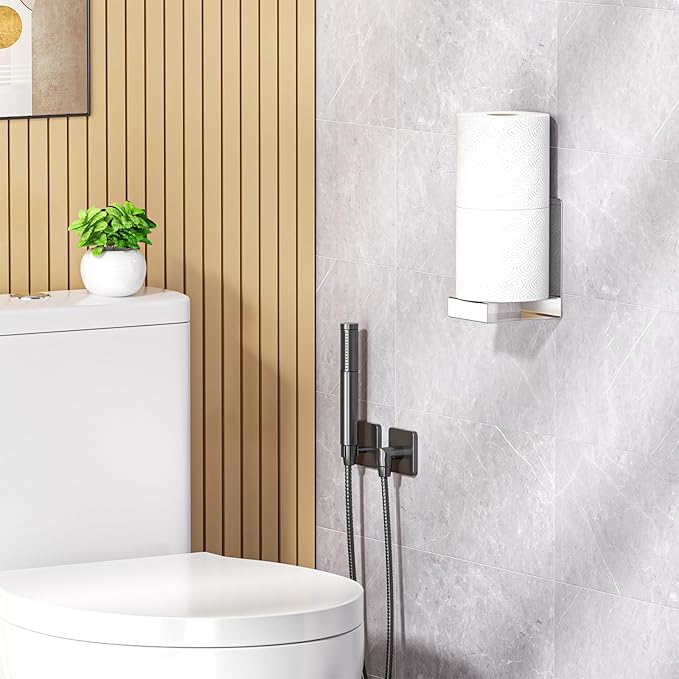 Toilet Paper Storage Wall Mount, Stainless Steel Toilet Paper Holder Stand for 2 Rolls, Extra Tp Roll Organizer Holder for Bathroom, Silver, Cup Lid Organizer