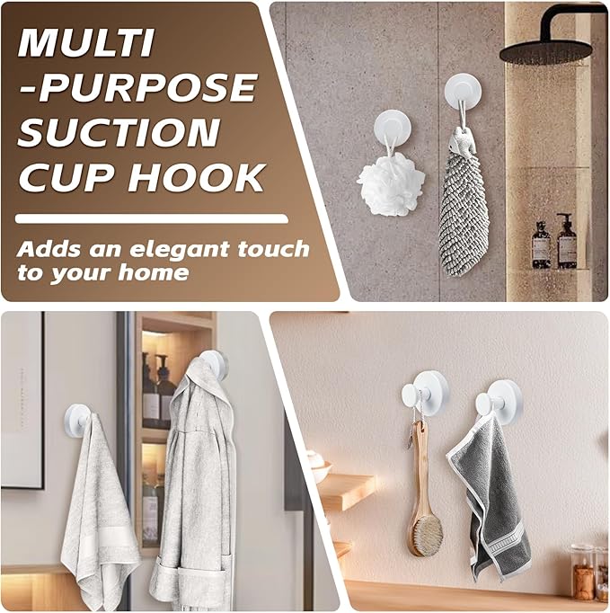 Reusable Heavy Duty Suction Cup Hooks for Kitchen/Bathroom/Shower - Wet-Proof Hooks for Towels, Robes, Loofah&Wreaths/No Drill Mounting on Glass, Tile, Metal (4, White)