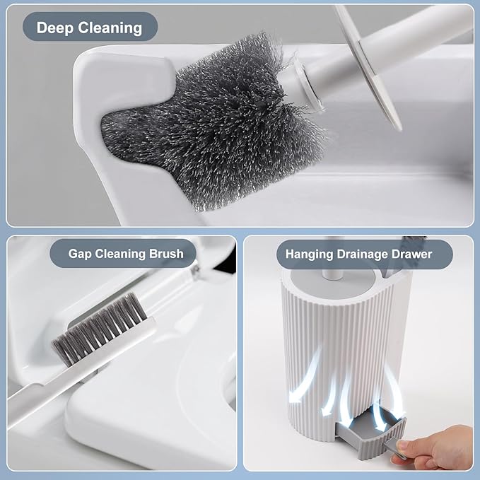 Toilet Bowl Brush and Holder 2 Pack Long Handled Toilet Brush for Bathroom with 2 Crevice Brushes Deep-Cleaning Plastic Toilet Scrubber Brush Set (White)