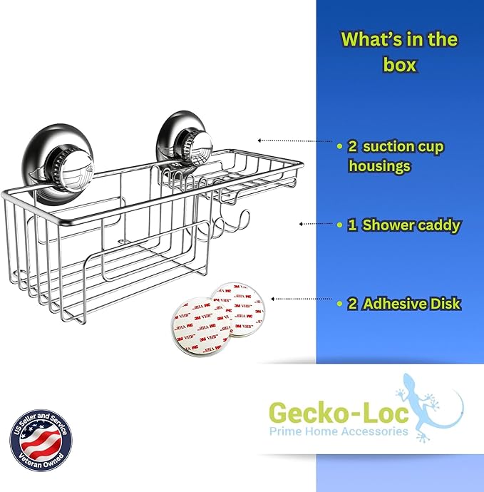 Gecko-Loc Large Combo suction cup wall mount bathroom shower caddy - shampoo storage basket shelf organizer caddie bath shelves - Silver