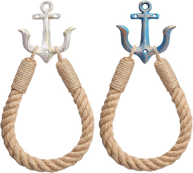 2 Pcs Nautical Toilet Paper Holder Rustic-Industrial Wall-Mounted Nautical Toilet Paper Towel Ring with Metal Hook for Bathroom Decor(Blue+White)
