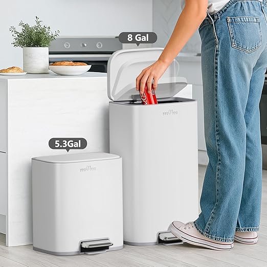 mVm 8 Gal Kitchen Trash Can, Step Trash Can with Lid, Smooth Edge Garbage Bin for Home Office (White)