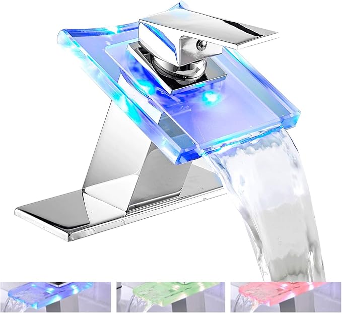 Bathroom Sink Faucet LED Light 3 Colors Changing Waterfall Glass Spout Hot Cold Water Mixer Single Handle One Hole Deck Mounted Bathroom Faucet Chrome Lavatory Vanity Basin Bath Plumbing Fixtures