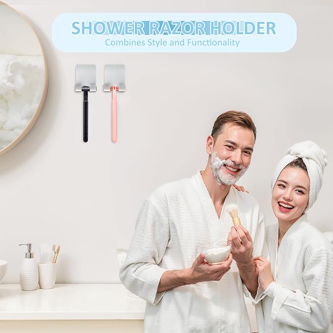 VIS'V Shower Wall Razor Holder, Metal Adhesive Razor Hooks for His and Hers, Waterproof, Silver, 2 Pcs