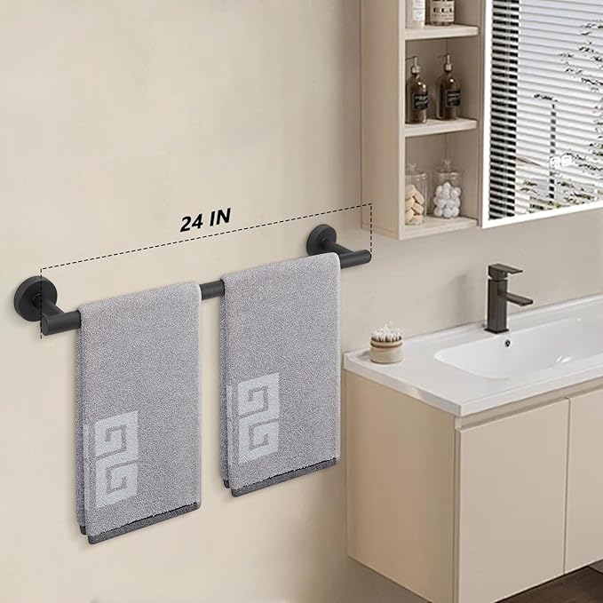 NearMoon Bath Towel Bar, Thicken Stainless Steel Shower Towel Rack Holder Wall Mounted for Bathroom, 24-lnch Overall Length-21-lnch Usable Hanging Space (1 Pack, Matte Black)
