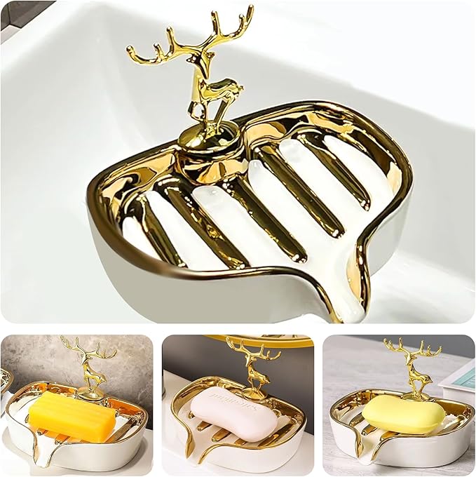 Soap Dish, Luxurious Ceramic Soap Dish Self Draining Soap Holder Tray Easy Cleaning Soap Saver for Shower Bathroom Kitchen Sink Bathtub Hotel Travel（White Painted in Gold）