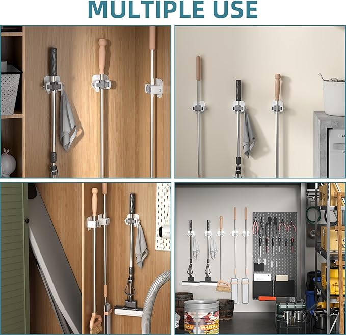 TAILI Mop and Broom Holder Wall Mount Grippers, 3 Hangers and 8 Adhesive Strips, Damage Free Hanging Wall Mount, Household Cleaning Organizer for Organization and Storage, Holds up to 4 lbs, Grey