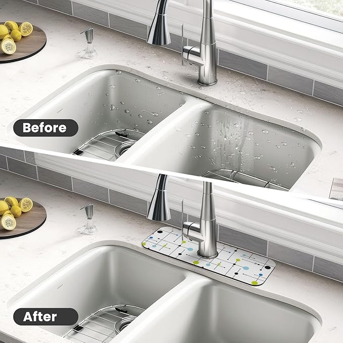 Atomic Mid Century Geometry Rustic Modern Black Kitchen Sink Splash Guard Faucet Mat 1 Pcs, Absorbent Fast Drying Mat Gadgets Splash Guard For Bathroom 15 X 5.5 Inches