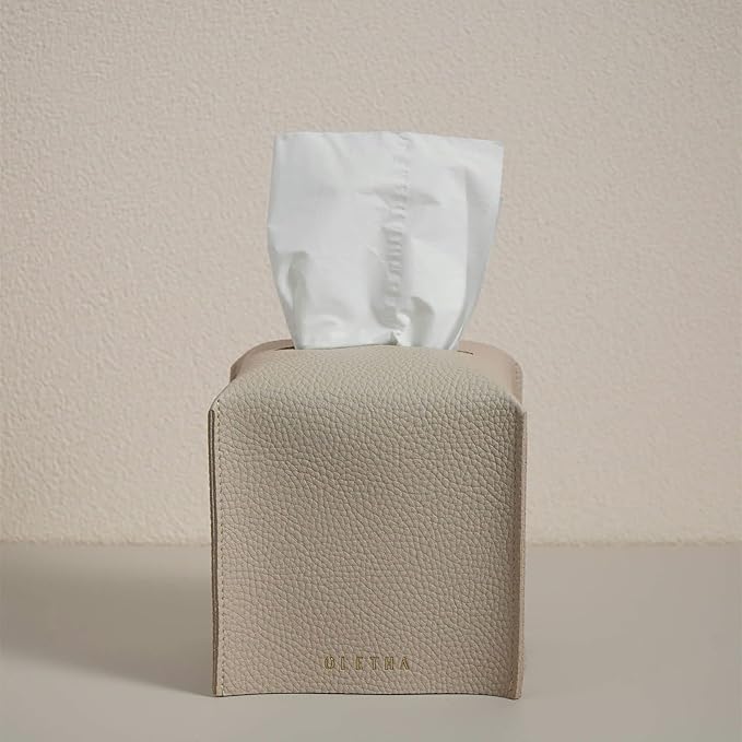 OLETHA Square Tissue Box Cover - Aesthetic Desk Decor for Room, Home & Office - Tissues Cube Boxes Holder - Light Taupe