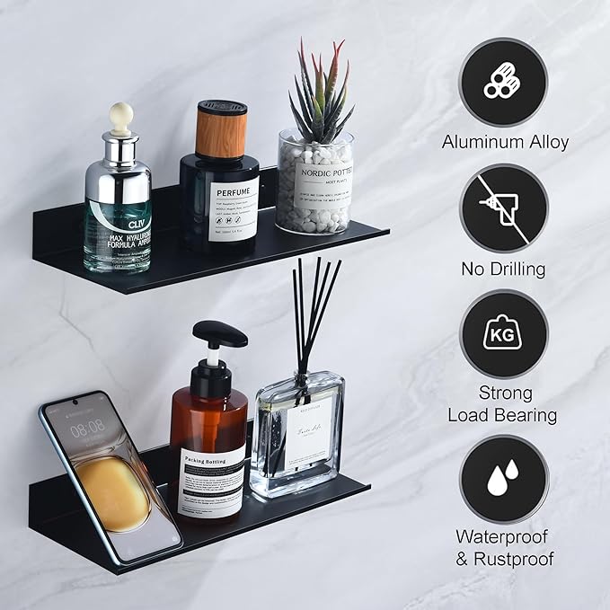 Adhesive Shower Caddy 2 Pack, Metal Shower Shelves for Inside Shower 30cm, Black Bathroom Shelves Wall Mounted, No Drilling Bathroom Organizer