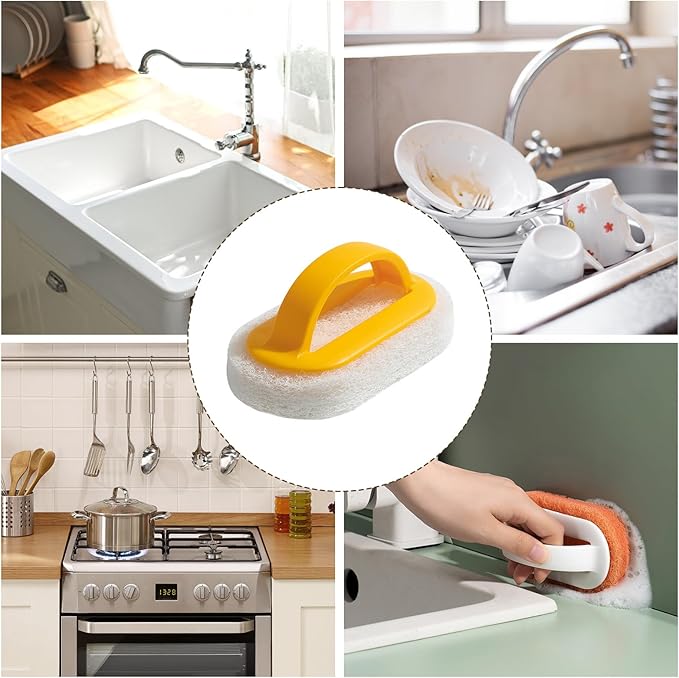 4 Pack Handled Scrubber, Scrub Brush Strong Scouring, Reusable Cleaning Sponge with Handle for Shower Tile, Bathtube, Sink (Yellow)