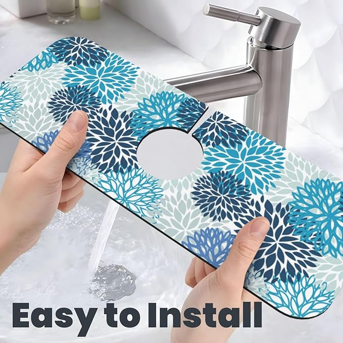 Medallion Dahlia Pinnata Floral Bobo Blue Pink Turquoise Grey Kitchen Sink Splash Guard Faucet Mat 1 Pcs, Absorbent Fast Drying Mat Gadgets Splash Guard For Bathroom 15 X 5.5 Inches