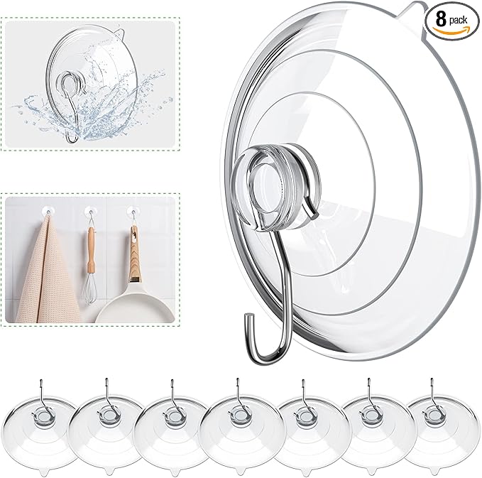 Hangerspace Suction Cup Hooks, 2.5 Inches Clear Suction Cups with Metal Hooks Large Suction Cup for Kitchen Bathroom Shower Wall Window Door - 8 Pack