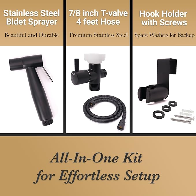 Handheld Bidet Sprayer for Toilet – Adjustable Water Pressure, Stainless Steel Jet Spray Kit with Bidet Hose - Feminine Wash, Muslim Shower, Diaper Cleaning (Black, 1 Set)