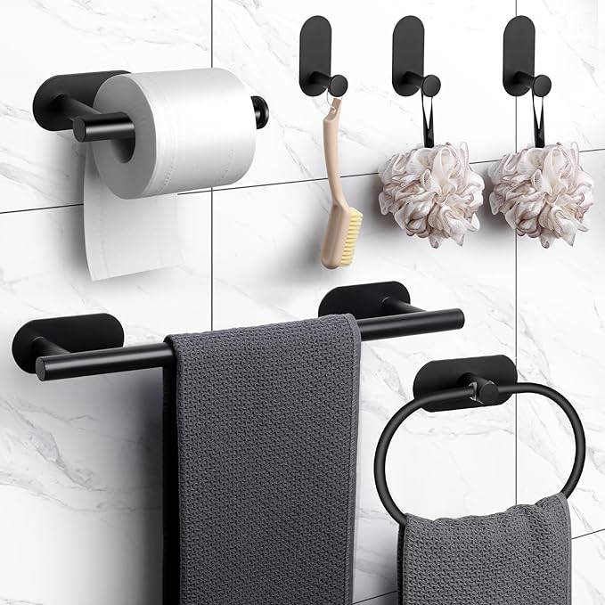 JiGiU Self Adhesive Towel Bar Bathroom Hardware Set Include 16-Inch Bath Towel Bar,Toilet Paper Holder Towel Ring & 3 Packs Towel Hooks Stainless Steel Wall Mount No Drill Sticky on Towel Holder Kit
