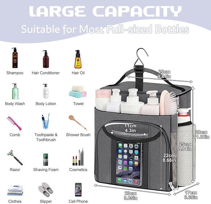 Attmu Mesh Shower Caddy Portable for Dorm College Essentials, Large Capacity Separate Compartment Hanging Toiletry Bag for College Student Camping Gym Travel Essentials (Gray)