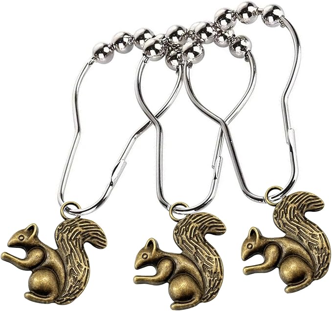 ZILucky12 Pcs Squirrel Shower Curtain Hooks, Stainless Steel Rustproof, Shower Curtain Rings, Minimalist Modern Decorative Design (Bronze-Squirrel)