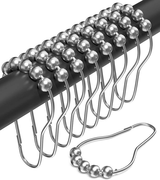 Shower Curtain Hooks Rust Proof (Set of 12) - Stainless Steel Shower Curtain Rings - Anti Slip Roller Balls for Easy Glide (Secure Lock Hooks, Chrome)