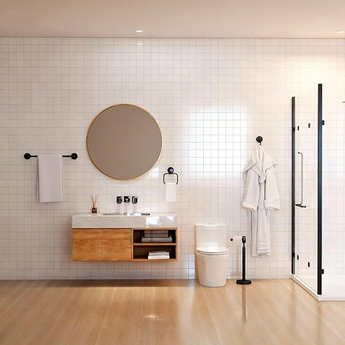 YUMORE 4-Piece Bathroom Set with Privot Toilet Paper Holder | All-in-One Wall Mounted Hardware Combo, Matte Black