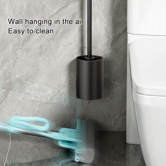 Toilet Brush and Holder, Compact Size Toilet Bowl Brush with Stainless Steel Handle, Plastic Holder Easy to Hide, Space Saving, Drip-Proof, Long Handle Bristles for Bathroom Cleaning (Black)