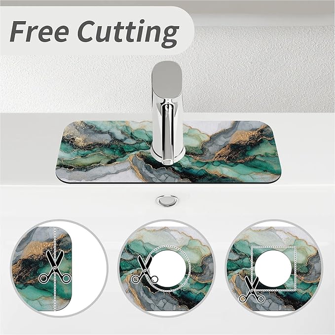 Kitchen Sink Splash Guard，Jade green white marble Faucet Mat Sink Gadgets-Super Absorbent Fast Drying Mat Drip Catcher for Kitchen, Bathroom,Sink Mat, Dish Drying Mat, Bathroom(15" X 5.5" )