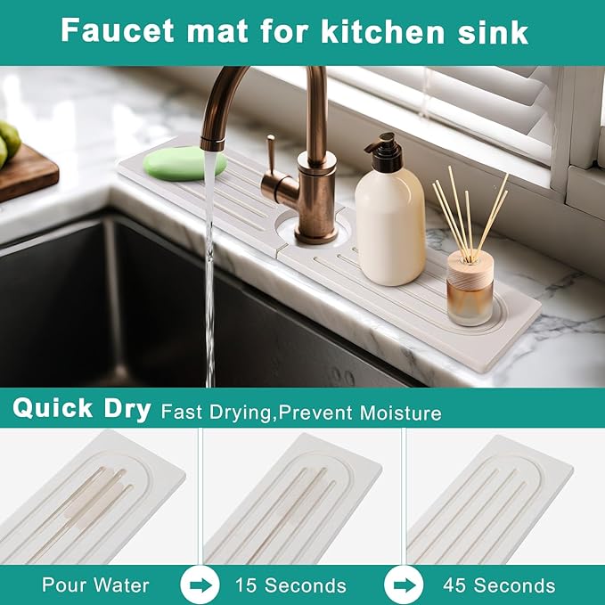 15.7”Drying Stone Faucet Mat for Kitchen Sink-Diatomite Quick Dry Kitchen Sink Splash Guard, Water Absorbent Diatomite Stone Tray,Durable Protector for Bathroom Counter (white, 15.7" X 3.9")