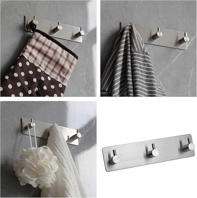Self Adhesive Towel Hooks for Bathrooms Brushed Nickel Stick on Wall Bath Hanger Peel and Matte Shower Coat hook Mount 3 hooks, Silver