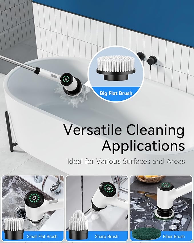 Electric Spin Scrubber: Crodless Power Spin Scrubber with Long Handle and Dual Speeds for Cleaning Bathroom Tub Tile Floor Include Cleaning Brush
