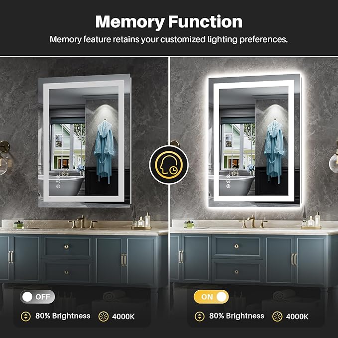 24"x32" LED Bathroom Mirror with Lights, Backlit & Front Lit, Anti-Fog Lighted Bathroom Vanity Mirror for Wall, Memory Function, Dimmable, HD Tempered Glass, Shatter-Proof