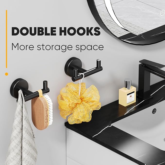 Towel Hooks for Bathrooms,Towel Hanger,Heavy Duty Wall Hook for Kitchen Bathroom,Robe Hook, Black Towel Holder Hooks for Hanging Towels,Coats,Bathrobe,Clothes,Loofah-Black(2 Pack)