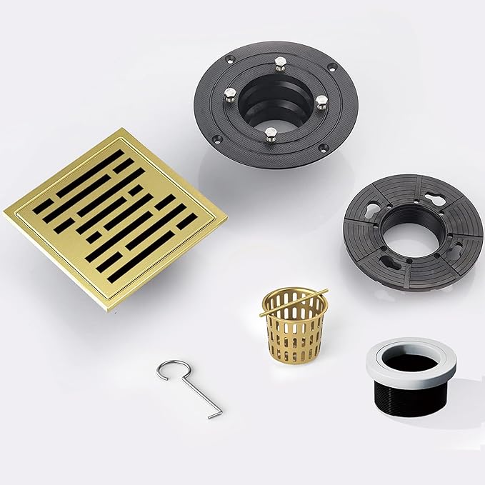 4 Inch Square Shower Floor Drain, Shower Drain Kit with Flange, Square Shower Drain, SUS 304 Stainless Steel Floor Drain,Brushed Gold