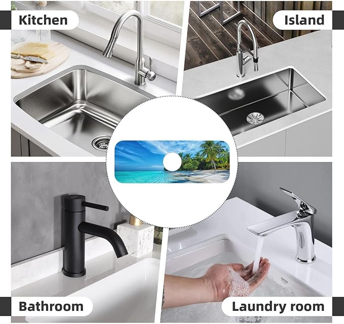 Beach Tropical Palm Tree Waves Travel Island Kitchen Sink Splash Guard Faucet Mat Super Absorbent Fast Drying Mat Sink Gadgets-Fast Drying Pad Sink Mat For Kitchen Bathroom (15" X 5.5" )