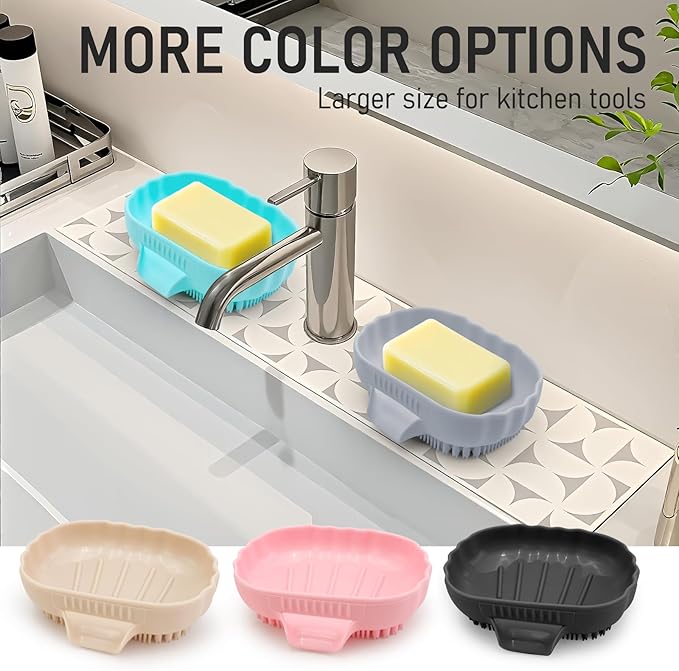 Silicone Soap Dish with Drain 2 Pcs, Anti-Slip Bathroom Bar Soap Holder Dishes Self Draining Waterfall Saver Plate for Shower Sink - Unique Bottom Brush Easy Dry & Clean (Khaki + Lavender Grey)