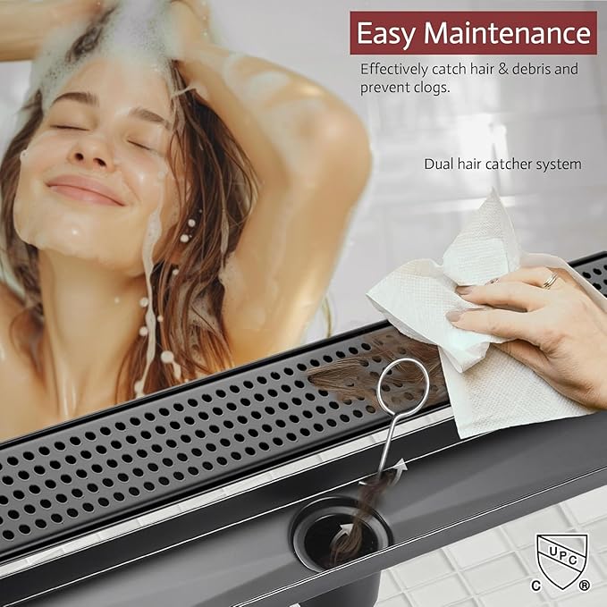 12 Inch Linear Shower Drain, Matte Black Shower Drain,Removable Grate, 304 Stainless Steel, Easy to Install and Clean for Bathrooms (Drain Base Not Included), LSD-04A-12B