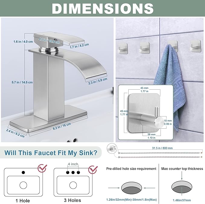 Waterfall Bathroom Faucet 3 Hole, Homikit 18/10 Stainless Steel Brushed Nickel Single Handle Bathroom Sink Faucets Set for Sink 1 or 3 Hole for RV Vanity with Drain, Hooks, Deck Plate, Hoses