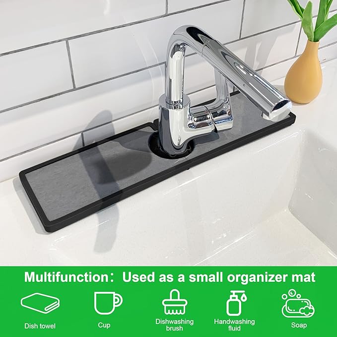 Gosmol Faucet mat for Kitchen Sink, Silicone & Stone Drying Mat for Kitchen Sink, Water Absorbing Stone Tray for Sink, Prevents Moisture Buildup - Sink Splash Guard for Bathroom Counter -Black