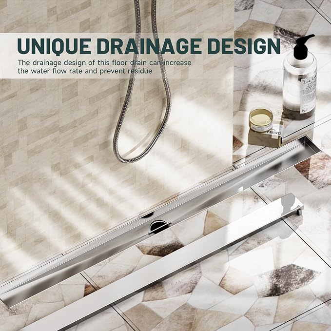 36-Inch Linear Shower Floor Drain, Stainless Steel Bathroom Floor Drains, Rectangular Shower Trench Floor Drain, Hair Strainer, Brushed Nickel