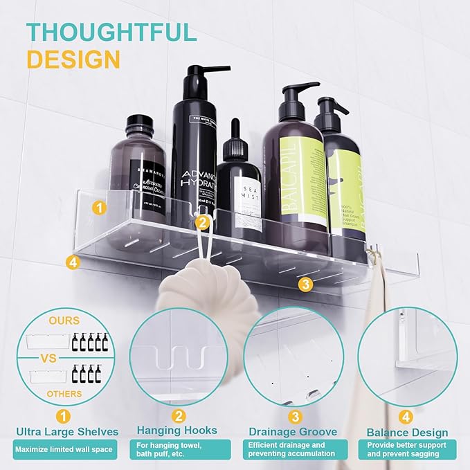 Adhesive Shower Caddy, 5 Pack Acrylic Shower Shelves Bath Organizers With Large Capacity, No Drilling Shelves for Bathroom Storage