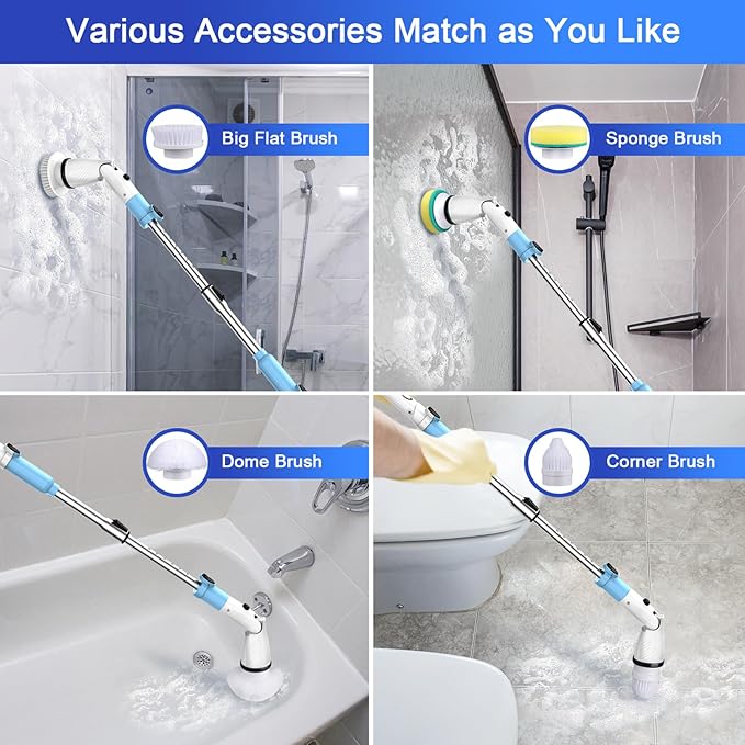 Electric Spin Scrubber,Cordless Spin Cleaning Scrubber with 5 Replaceable Brush Heads,Power Full Cleaning Brush Scrubber 450RPM,Adjustable Telescopic Handle&90min Runtime for Bathroom (Off White+Blue)