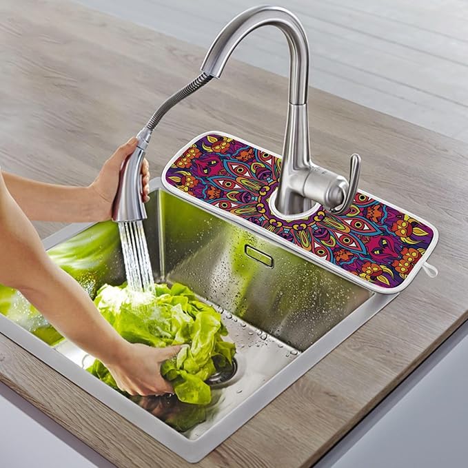 Sink Faucet Absorbing Mat Kitchen Sink Splash Guard Splash Faucet Drip Catcher for Bar RV Bathroom 2PCS 14.9x5.5in Mandala Pattern Purple and Orange