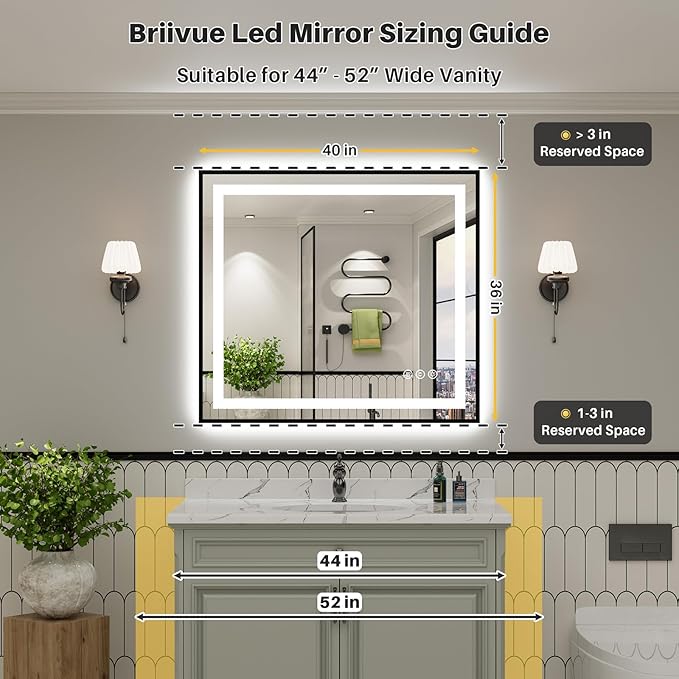 40x36 Inch LED Bathroom Mirror with Black Frame, Backlit & Front Lit, Anti-Fog Lighted Bathroom Vanity Mirror for Wall, Memory Function, Dimmable, HD Tempered Glass, Shatter-Proof