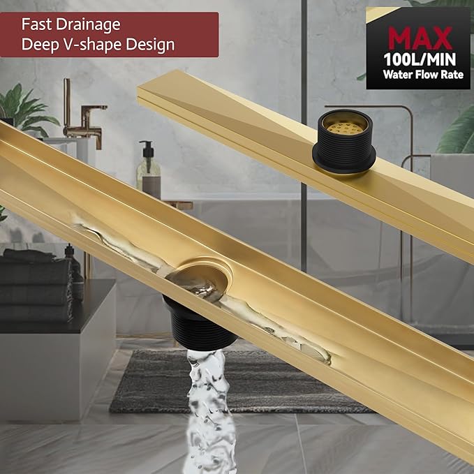 24 Inch Linear Shower Drain, Brushed Brighter Gold Shower Drain,Removable Grate, 304 Stainless Steel, Easy to Install and Clean for Bathrooms (Drain Base Not Included), LSD-01A-24BG