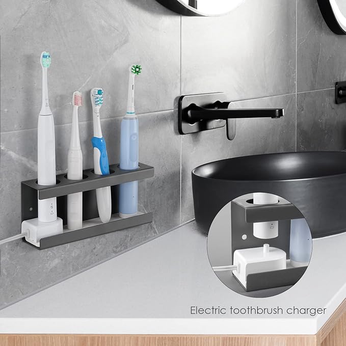 Wall Mounted Electric Toothbrush Holder, 4 Slots Stand with Diatomite Dish, Storage Rack Compatible with AquaSonic Black Series, Kingheroes Sonic, Oral-B (Grey)