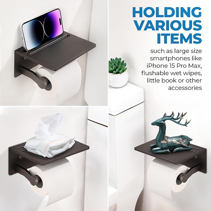 Toilet Paper Holder with Phone Shelf – Tissue Roll Holder Bathroom Storage Dispenser - Adhesive Toilet Paper Holder Wall Mount Bathroom Décor - Matte Gray